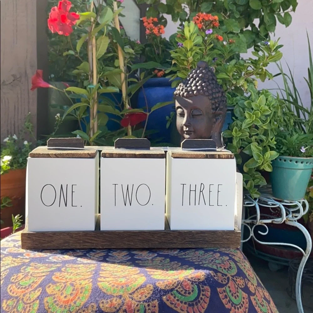 NEW Rae Dunn “ONE. TWO. THREE” 3 Piece Wooden Box Canister Set w/ Tray